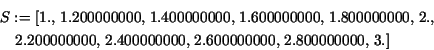 \begin{eqnarray*}
\lefteqn{S := [1., \,1.200000000, \,1.400000000, \,1.600000000...
...00000, \,2.600000000, \,2.800000000, \,3.]
\mbox{\hspace{178pt}}
\end{eqnarray*}