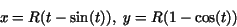 \begin{displaymath}x=R(t-\sin(t)),\ y=R(1-\cos(t))\end{displaymath}